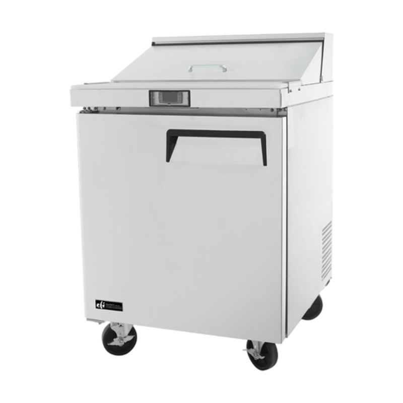 Alt Tag: EFI Sales Ltd. 27.5-inch Refrigerated Sandwich Salad Prep Table stainless steel commercial prep unit with refrigerated base on casters