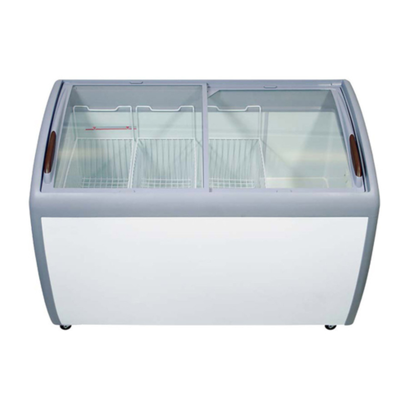 Alt Tag: EFI Sales Ltd. 49.6" White Ice Cream Novelty Merchandiser Freezer with curved glass sliding lids and baskets for frozen treats display