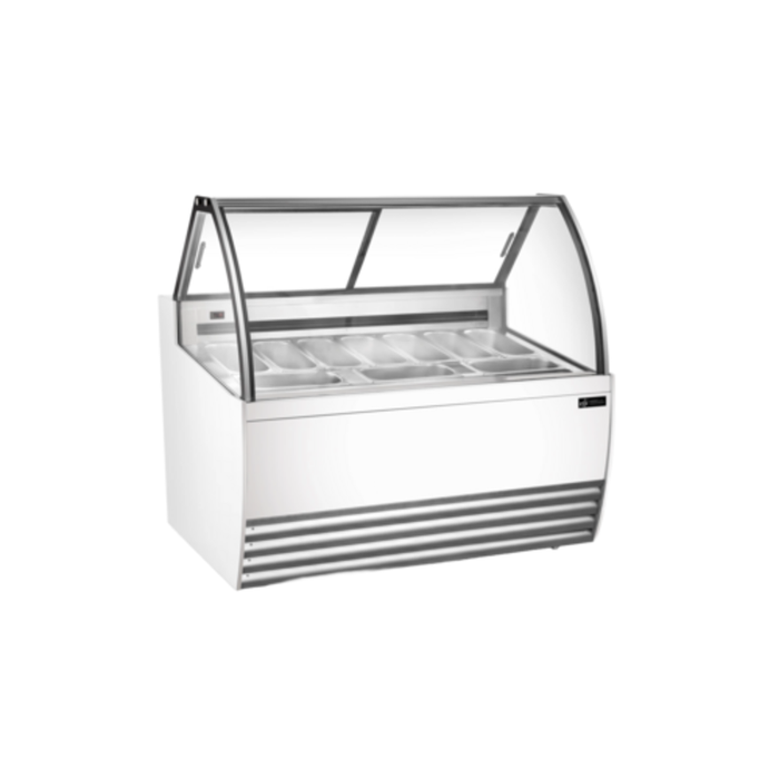 Alt Tag: EFI Sales Ltd. 55.4" White Curved Glass Gelato Dipping Showcase white curved glass gelato display case with LED lighting
