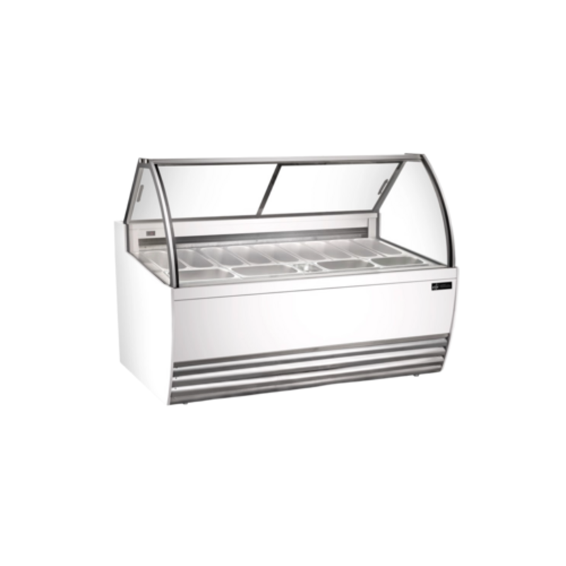 Alt Tag: EFI Sales Ltd. 69.4 Inch White Curved Glass Gelato Dipping Showcase curved glass ice cream display case with LED lighting