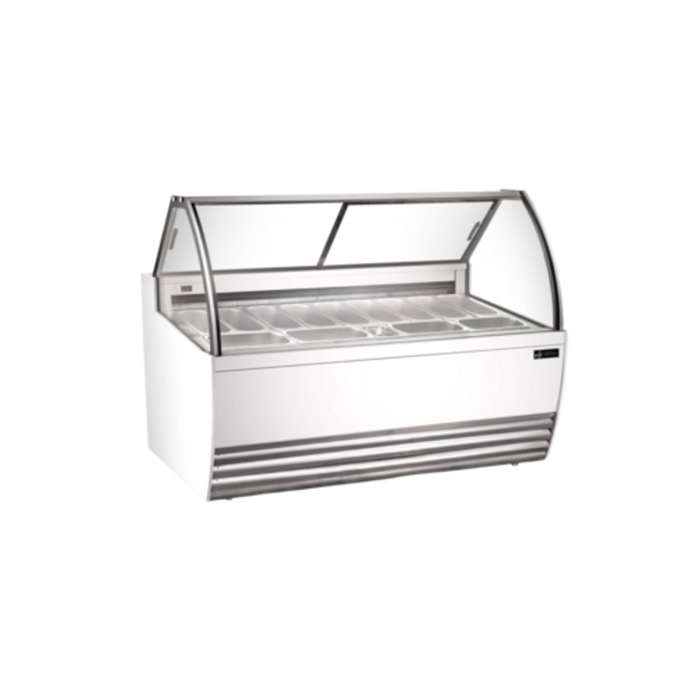Alt Tag: EFI Sales Ltd. 69.4 Inch White Curved Glass Gelato Dipping Showcase curved glass ice cream display case with LED lighting