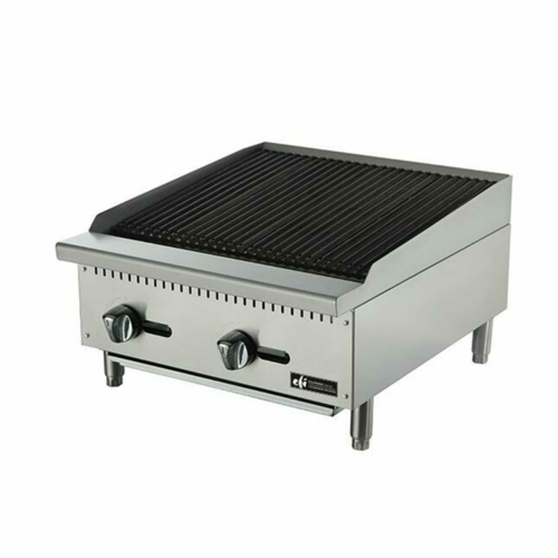 Alt Tag: EFI Sales Ltd. RCTCB-24P 24" Countertop Gas Char Rock Broiler stainless steel commercial countertop grill with dual control knobs