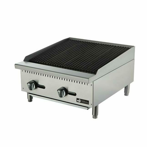 Alt Tag: EFI Sales Ltd. RCTCB-24P 24" Countertop Gas Char Rock Broiler stainless steel commercial countertop grill with dual control knobs