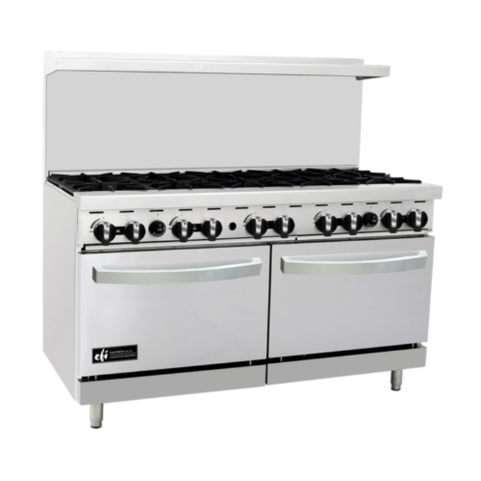 Alt Tag: EFI Sales Ltd. RCTRS-10B-N 60" 10-Burner Gas Restaurant Range stainless steel commercial kitchen range with oven doors