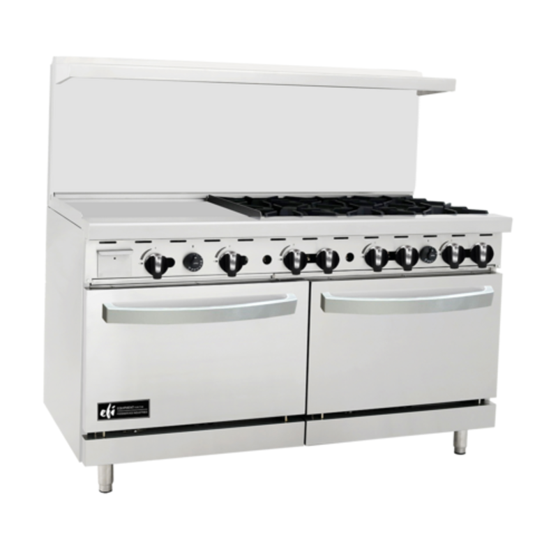 Alt Tag: EFI Sales Ltd. 60-Inch 6-Burner Restaurant Gas Range with Griddle commercial stainless steel range with six burners and dual ovens