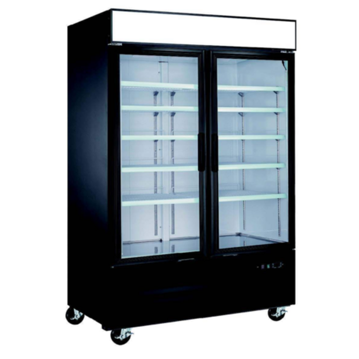Alt Tag: EFI Sales Ltd. X-LINE 54" Glass Two Door Black Freezer Merchandiser with double glass doors and adjustable shelves
