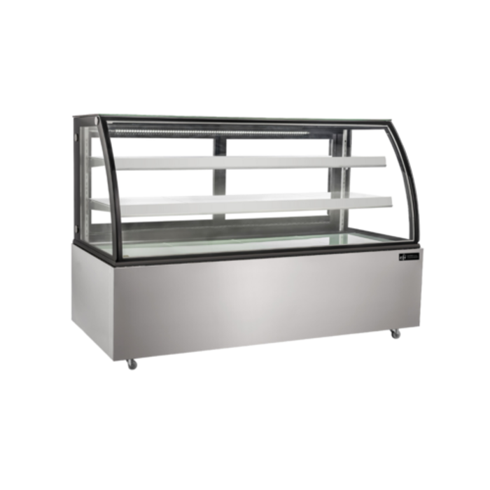 Alt Tag: EFI Sales Ltd. NDCGCM-7248 72.4" Stainless Steel Neutral Showcase ambient bakery display case with curved glass and multi-tier shelves