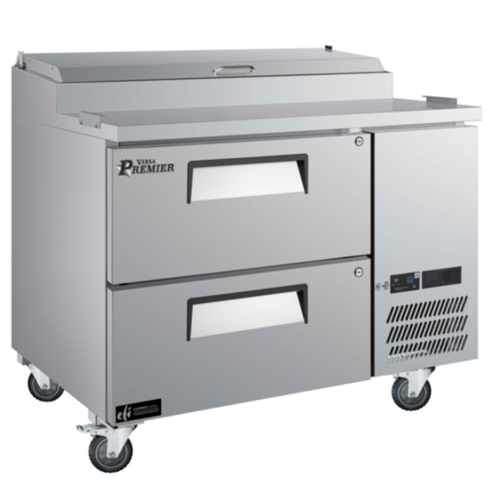 EFI Sales Premier CPDW2-44VCP 44 Inch Refrigerated Pizza Prep Table with two drawers, stainless steel commercial unit on casters