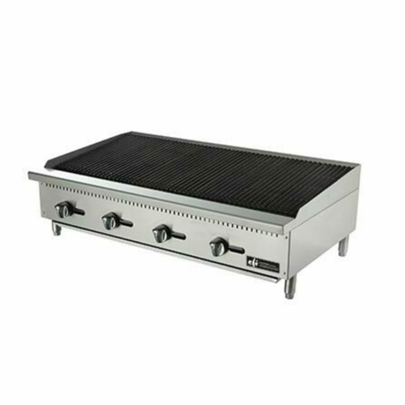 Alt Tag: EFI Sales 48" Inch Heavy-Duty Countertop Gas Char Rock Broiler 48-inch stainless steel commercial countertop grill with 4 control knobs