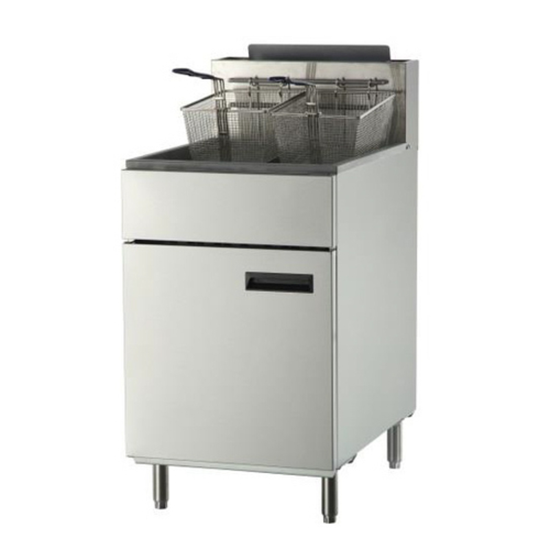 75 lb LP gas fryer with three baskets for efficient frying in commercial kitchens.