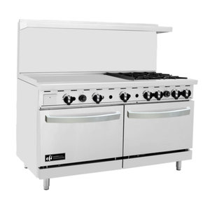 Étiquette alternative : EFI Ventes RCTRS-36G-4B-P Cuisinière à gaz de restaurant de 60" avec 4 brûleurs cuisinière commerciale en acier inoxydable avec plaque et fours