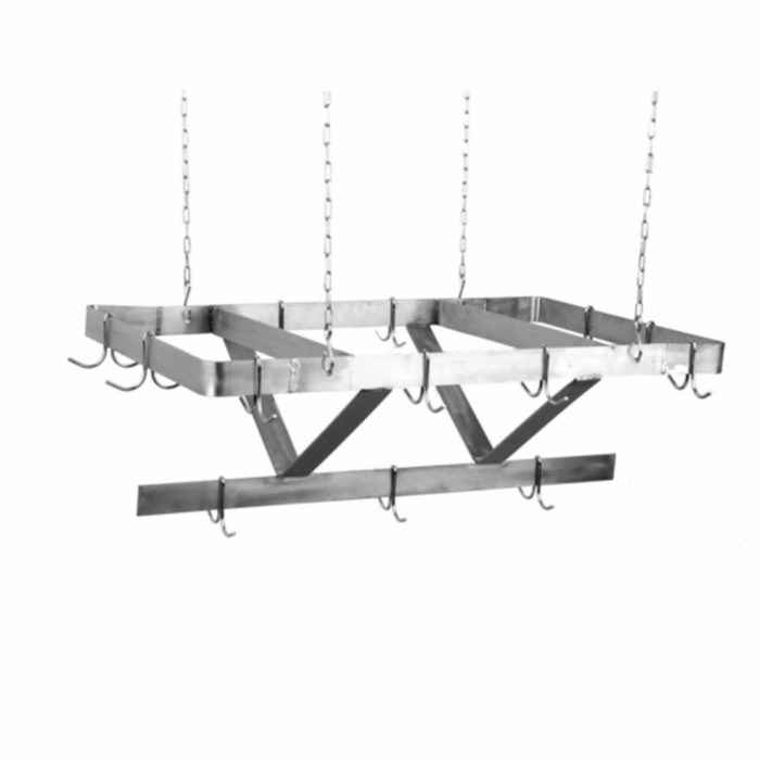 Alt Tag: EFI Sales 60" Ceiling Mounted Stainless Steel Pot Rack with hanging chains and multiple hooks for commercial kitchen storage