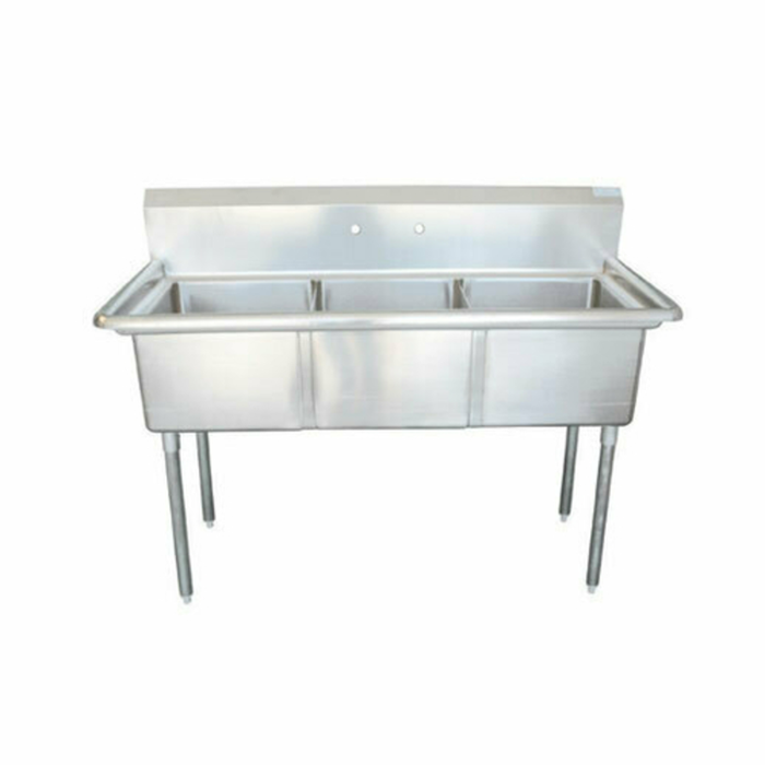 Alt Tag: EFI Sales Ltd. SI818-3N 59" Three Compartment Corner Drain Sink stainless steel commercial 3-basin kitchen sink with backsplash