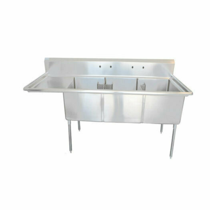 EFI Sales SI824-3L 24" Bowl Three Compartment Corner Drain Sink stainless steel commercial 3-compartment dishwashing sink