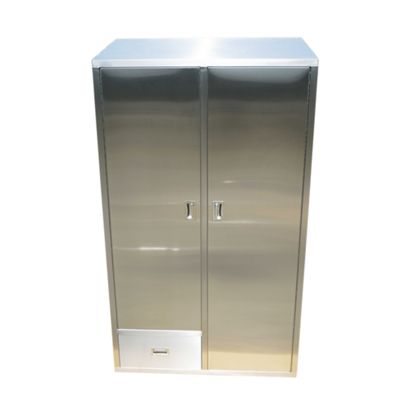 Double Door Mop Sink Cabinet In Durable Stainless Steel With Two Doors And A Lower Drawer For Storage