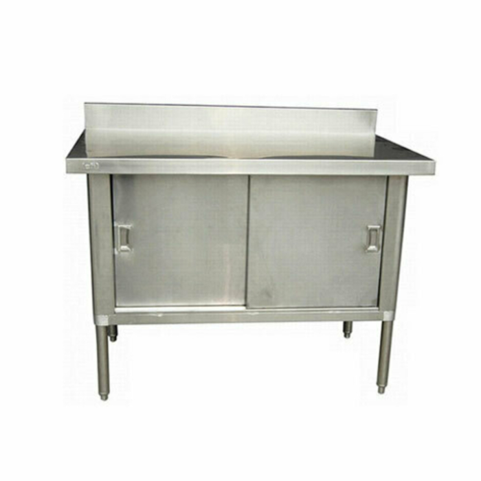Alt Tag: EFI Sales 60" Stainless Steel Enclosed Base Work Table with sliding doors and stainless backsplash, 60-inch commercial prep table