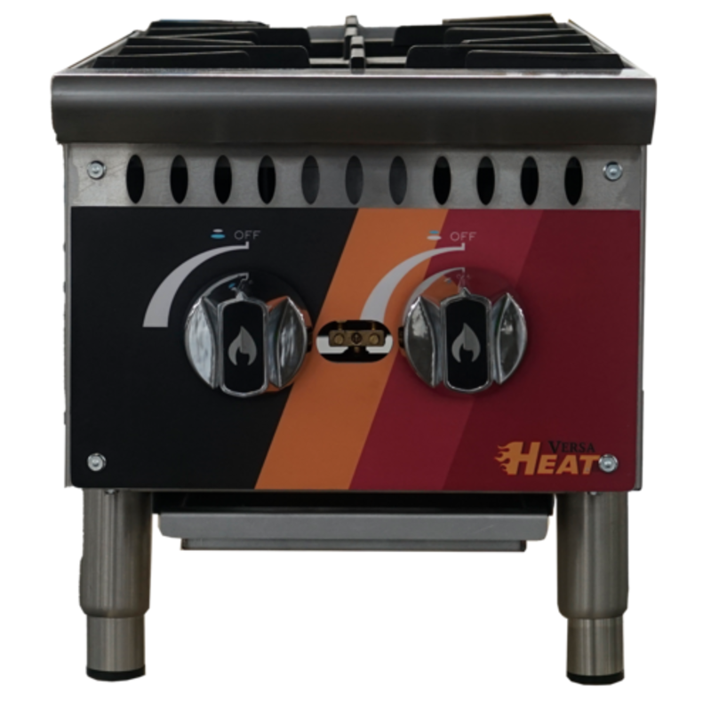 Alt Tag: EFI Sales HHP12-2B-N 12-inch Natural Gas Countertop Hotplate two-burner commercial gas hotplate front view with control knobs