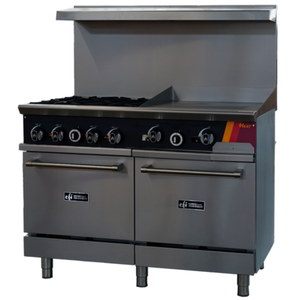 Alt Tag: EFI Sales Versa Heat 48" Restaurant Gas Range Griddle Combo with 4 burners, 24" griddle and double oven commercial kitchen