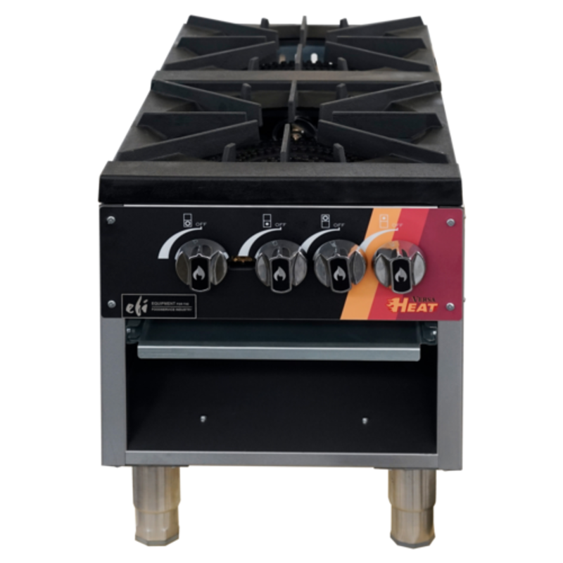 Alt Tag: EFI Sales HSP18-2B-P 18" Double Burner Gas Stock Pot Range front view with dual cast-iron burners and control knobs