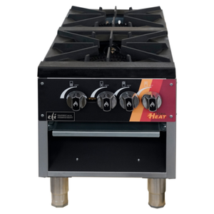 Alt Tag: EFI Sales HSP18-2B-P 18" Double Burner Gas Stock Pot Range front view with dual cast-iron burners and control knobs