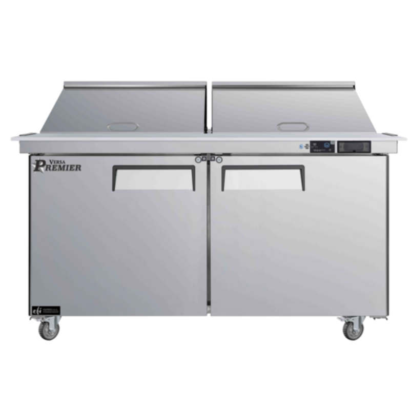 Alt Tag: EFI Sales Versa Premier CMDR2-60VCP 60 Inch Mega Top Prep Table Refrigerator two-door stainless steel commercial cooler prep table
