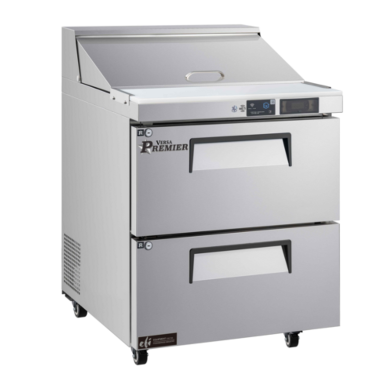 Alt Tag: EFI Sales Versa Premier 27.5 Inch Sandwich Salad Prep Table stainless steel 2-drawer sandwich prep table with mega top lid