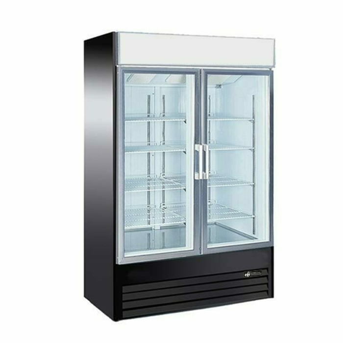Alt Tag: EFI Sales X-Line 49-Inch Two Glass Door Commercial Merchandiser Freezer with two glass doors, black exterior, and adjustable shelves