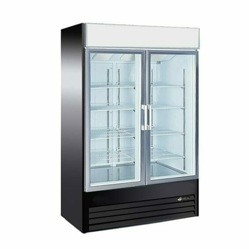 Alt Tag: EFI Sales X-Line 49-Inch Two Glass Door Commercial Merchandiser Freezer with two glass doors, black exterior, and adjustable shelves