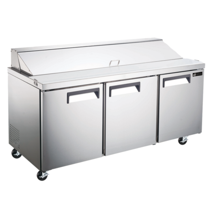 EFI Sales X-Line 72" Wide Three-Door Refrigerated Sandwich Prep Table stainless steel 3-door refrigerated prep counter with casters