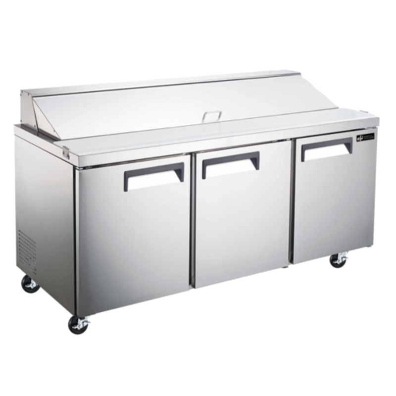EFI Sales X-Line 72" Wide Three-Door Refrigerated Sandwich Prep Table stainless steel 3-door refrigerated prep counter with casters