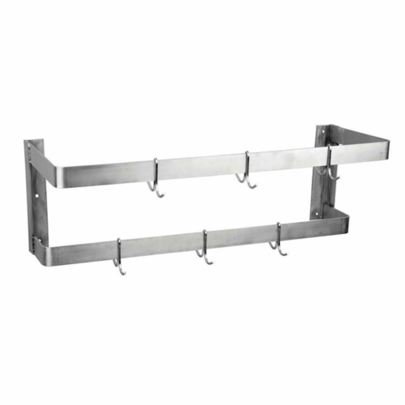 Alt Tag: EFI 36 Inch Stainless Steel Wall-Mounted Pot and Pan Rack with hooks, commercial kitchen wall storage rack