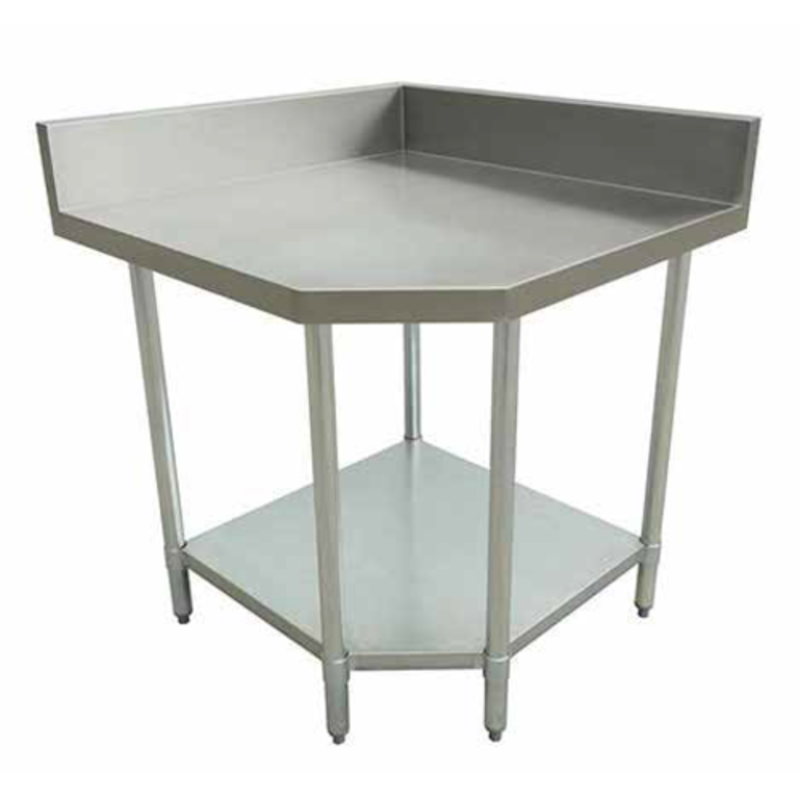 32" x 24" stainless steel corner work table with backsplash for efficient kitchen space utilization.