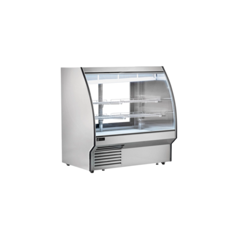 Alt Tag: EFI Versa Display 59.9" Curved Glass Refrigerated Deli Showcase stainless steel curved glass refrigerated display case with shelves
