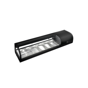 Alt Tag: EFI Versa Display CSCM-6113 60.1" Refrigerated Sushi Display Case black curved glass countertop sushi merchandiser