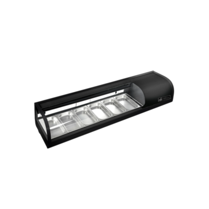 Étiquette alternative : EFI Versa Display CSCM-6113 60,1" Vitrine sushi réfrigérée Comptoir en verre courbé noir pour produits dérivés pour sushi