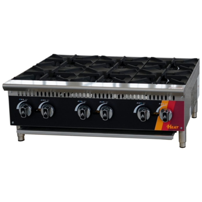 Alt Tag: EFI HHP36-6B-N 36-inch Countertop Gas Hotplate with Six Burners, 6 cast iron burners, commercial kitchen 156,000 BTU