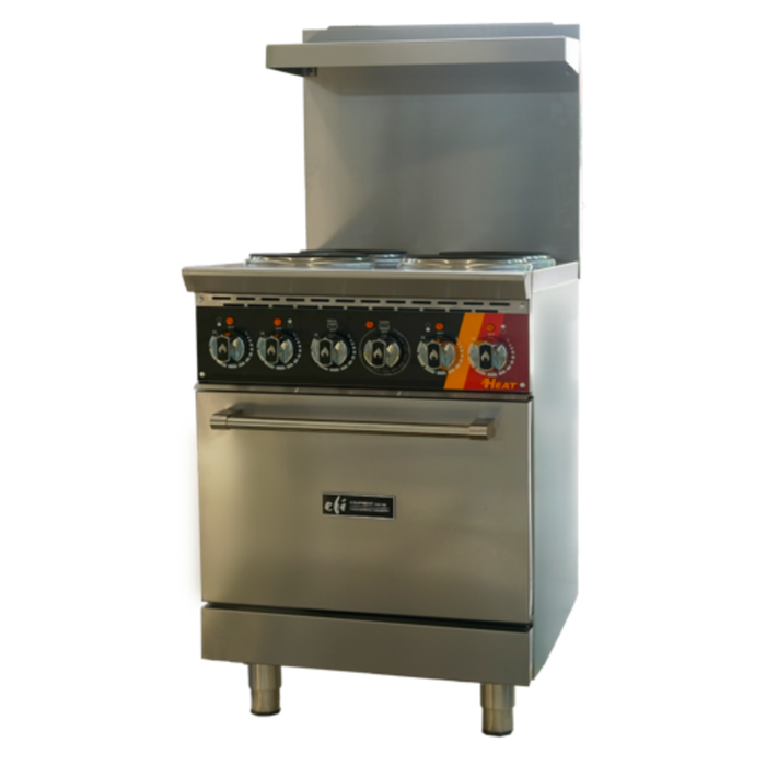 Étiquette alternative : EFI HRG24-4B-ELC 24" Cuisinière de restaurant électrique à quatre brûleurs avec four, cuisinière commerciale en acier inoxydable avec four