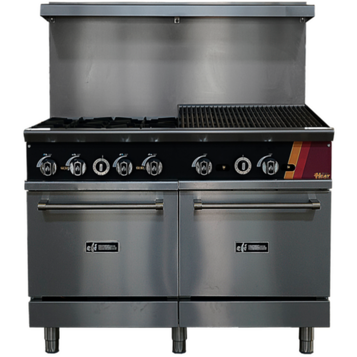 EFI Versa Heat 48" Restaurant Gas Range with Charbroiler and Ovens, 48-inch commercial gas range with 4 burners and dual ovens