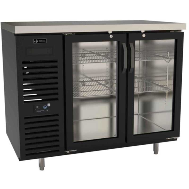 48 Inch Back Bar Refrigerator With Double Glass Doors And Shelves For Chilling Beverages
