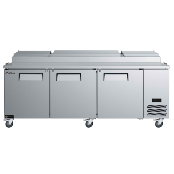 Alt Tag: EFI Versa Premier 93-inch Three-Door Refrigerated Pizza Prep Table stainless steel commercial pizza prep table with 3 doors