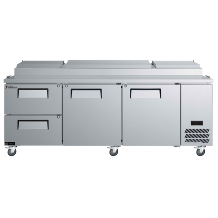 EFI Versa Premier 93-inch Stainless Steel Refrigerated Pizza Prep Table with 2 doors, 2 drawers and prep rail top