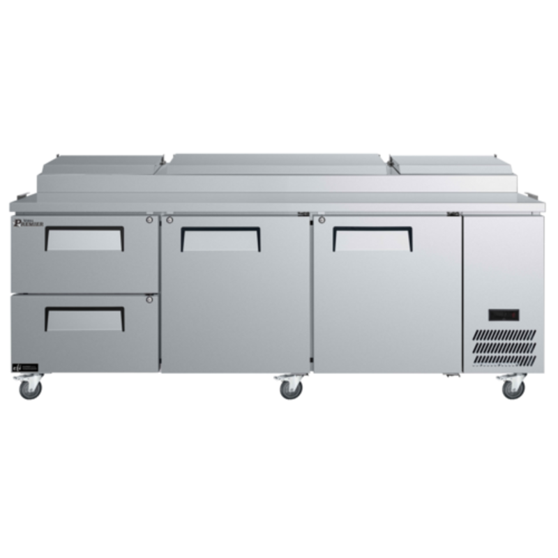 EFI Versa Premier 93-inch Stainless Steel Refrigerated Pizza Prep Table with 2 doors, 2 drawers and prep rail top