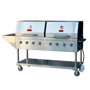 Omcan 47353 Barbecue extérieur à gaz propane à huit brûleurs de 60,2 pouces en acier inoxydable avec double couvercle, boutons de contrôle et chariot à roues