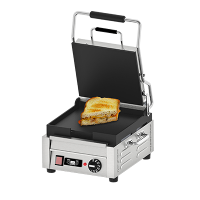 Omcan 42909 10-inch Electric Panini Grill Showing Grilled Sandwich On Cooking Surface