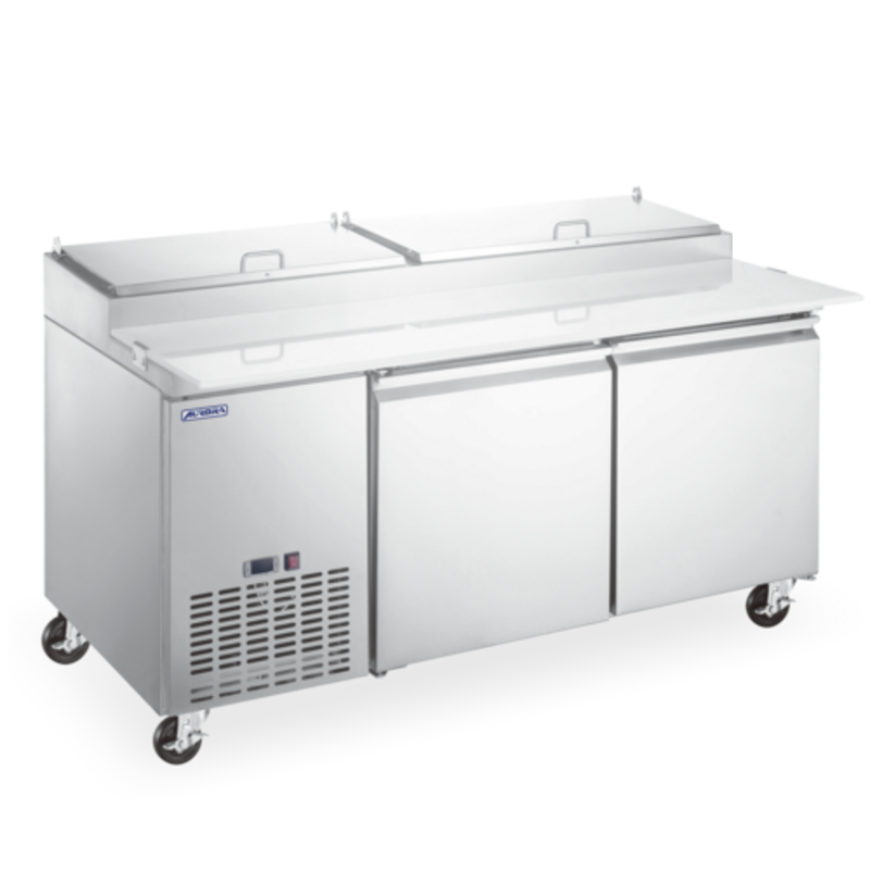 OMCAN 59043 Aurora 67" Wide Refrigerated Pizza Prep Table stainless steel 2-door refrigerated prep table with cutting board top