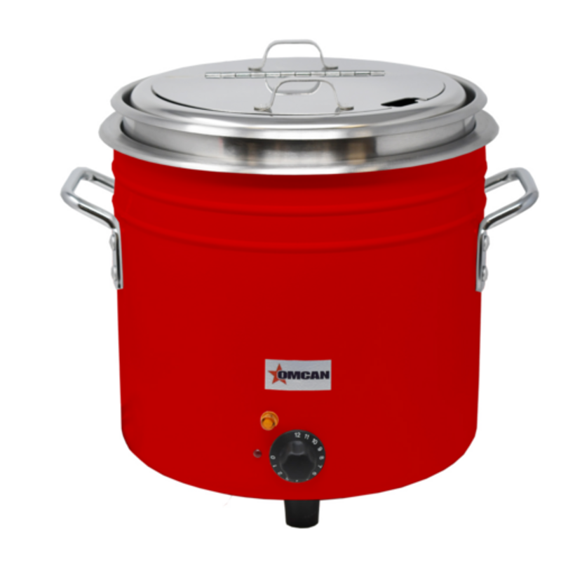 Alt Tag: Omcan 44426 11 Qt. Red Coated Retro Soup Kettle with stainless lid, side handles, and temperature control dial