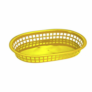Alt Tag: Omcan 80357 Durable Polypropylene Fast Food Serving Basket 10.75 Inch yellow oval plastic restaurant serving basket