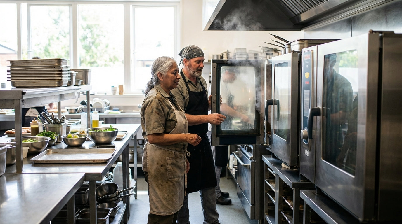Commercial kitchen staff checking industrial ovens in a professional restaurant prep area