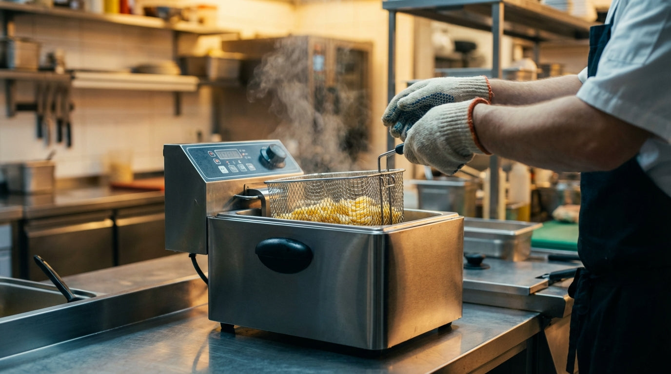 Chef in commercial kitchen using deep fryer with basket of fries, hot oil steaming on stainless steel counter