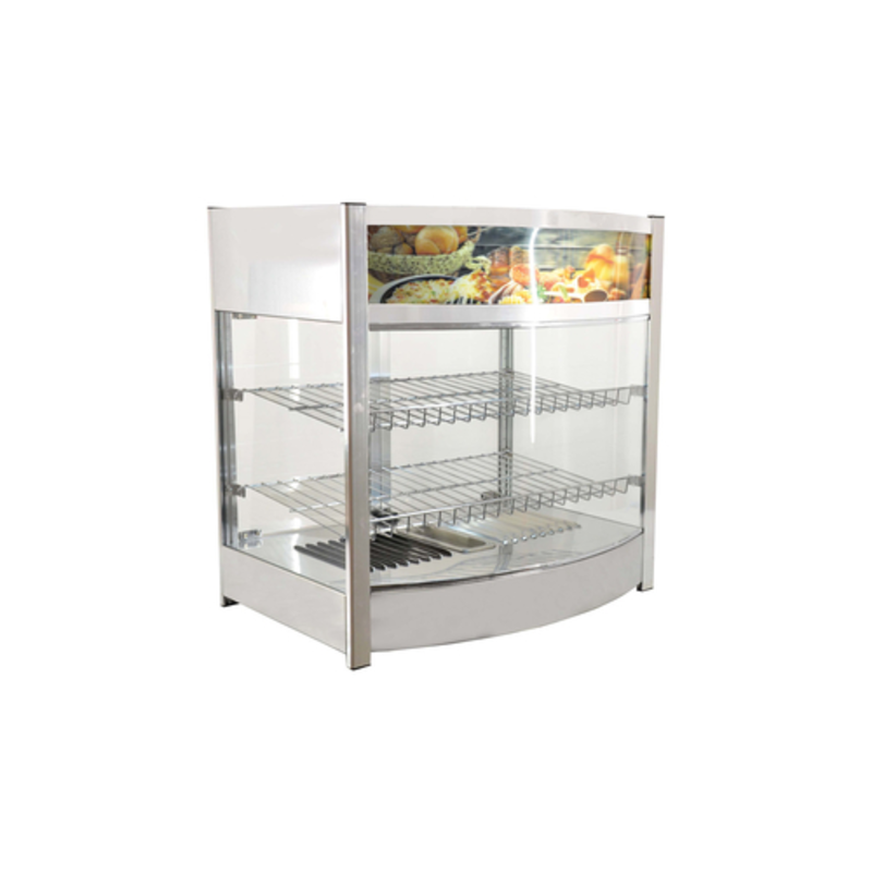 Alt Tag: Omcan 40002 107L Elite Series Heated Countertop Display Warmer Case glass hot food display with 2 wire shelves